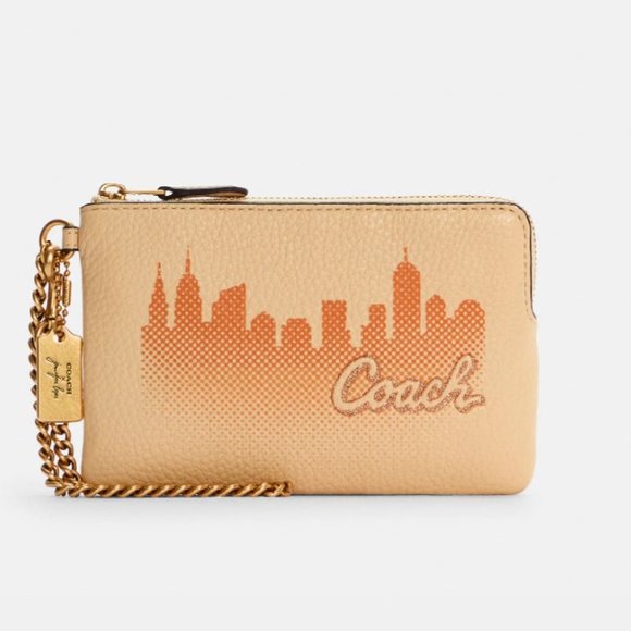 Coach X Jennifer Lopez Corner Zip Wristlet Nyc Skyline Gold Chain Wallet Card - Picture 1 of 4